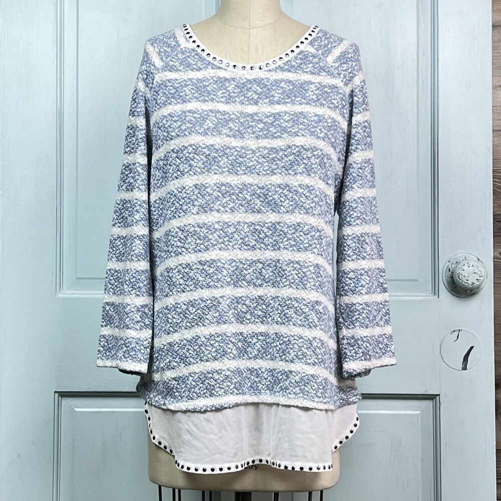 Cotton Knit Navy & White Striped Sweater Style & Co. Woman Studs Plus Size 0X